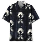 Front view of the Bigfoot in Moonlight Hawaiian shirt featuring a dark design with eerie silhouettes.
