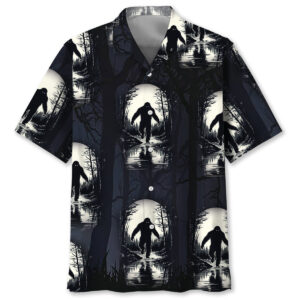 Front view of the Bigfoot in Moonlight Hawaiian shirt featuring a dark design with eerie silhouettes.