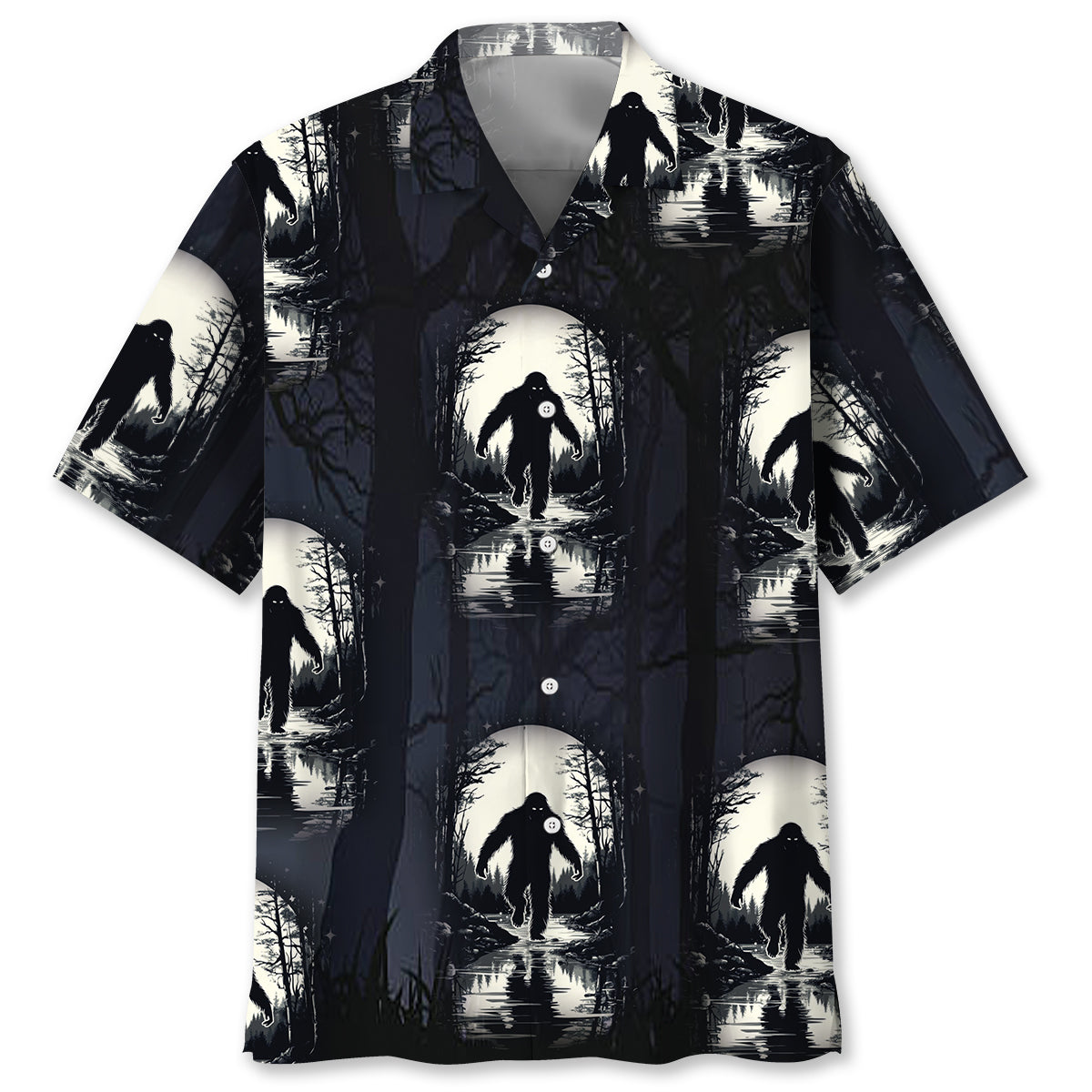 Bigfoot in Moonlight Hawaiian Shirt Front view of the Bigfoot in Moonlight Hawaiian shirt featuring a dark design with eerie silhouettes.
