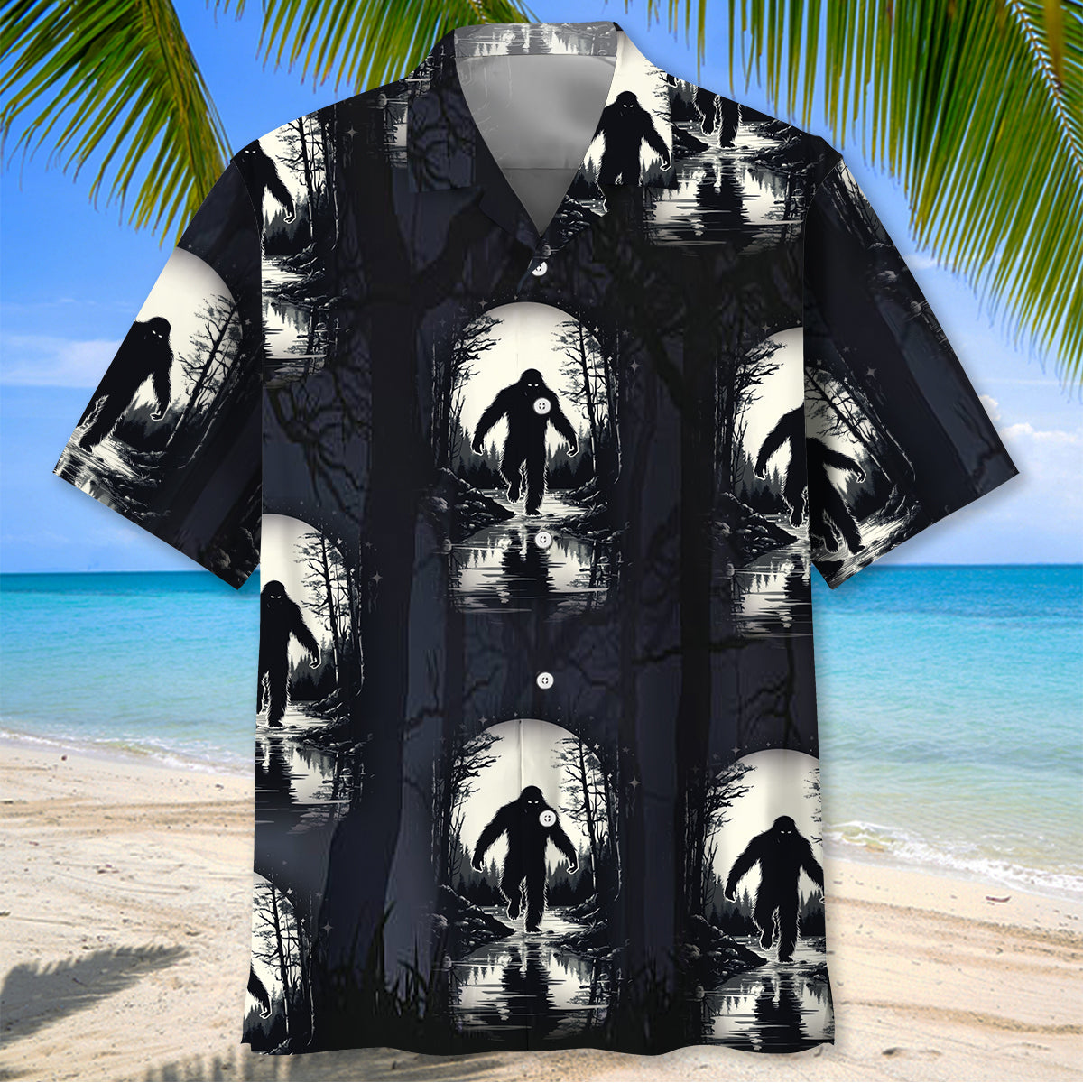 Bigfoot in Moonlight Hawaiian Shirt Back view of the Bigfoot in Moonlight Hawaiian shirt showcasing its unique pattern and comfortable fit.
