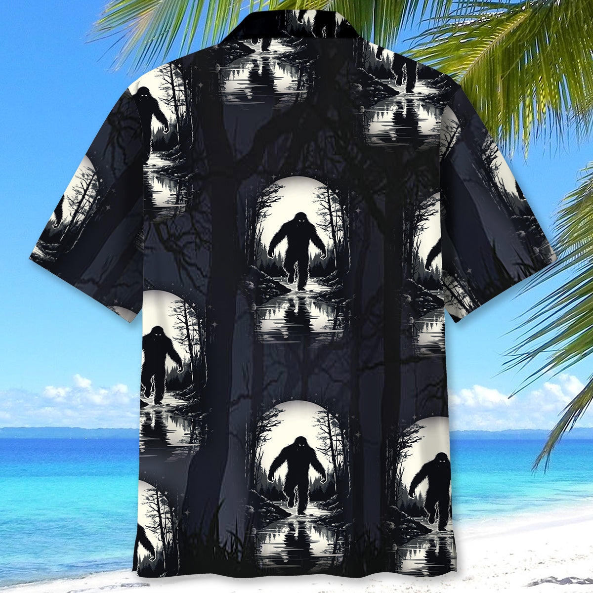Bigfoot in Moonlight Hawaiian Shirt Lifestyle image of a person wearing the Bigfoot in Moonlight Hawaiian shirt at a beach party, enjoying the night.