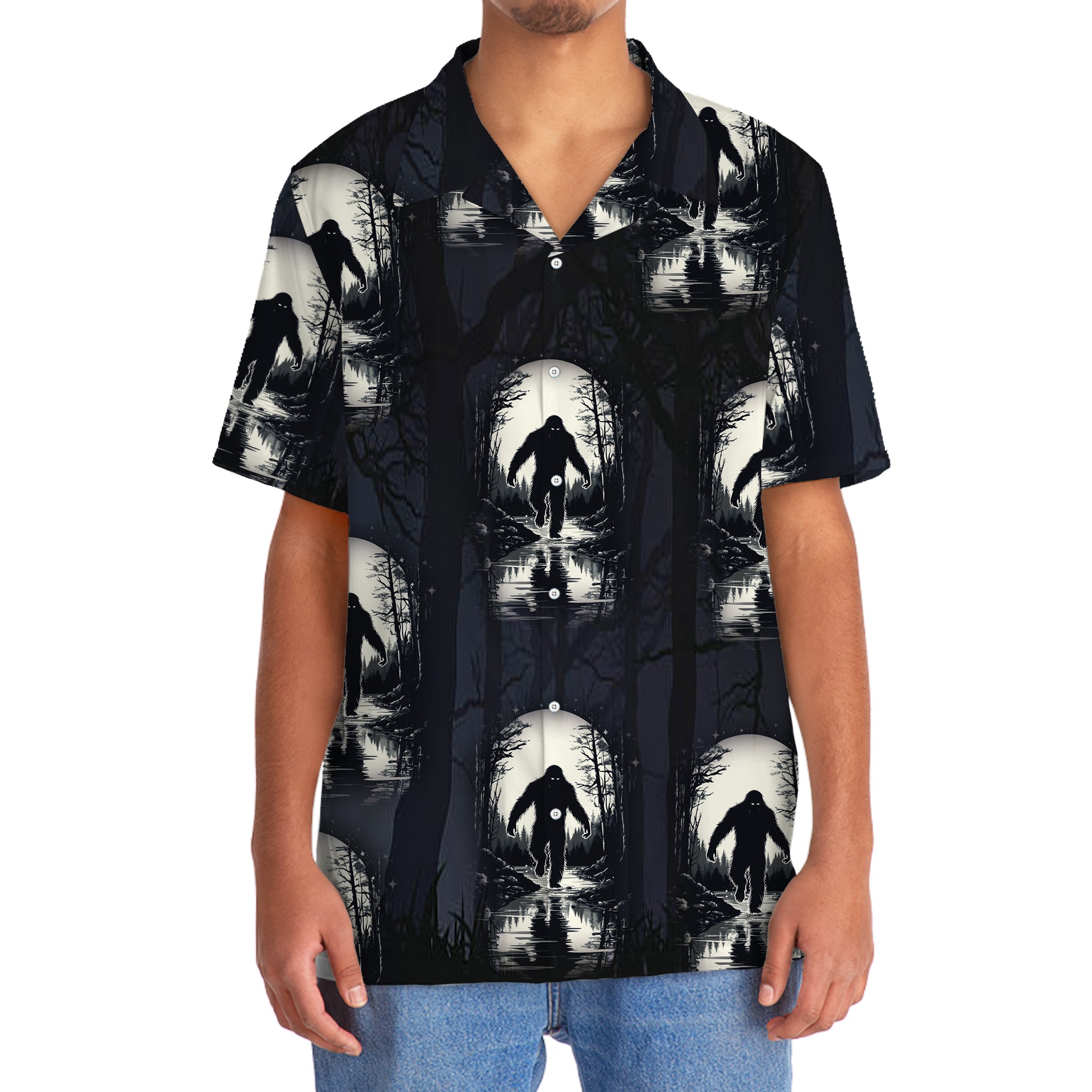 Bigfoot in Moonlight Hawaiian Shirt Side angle of the Bigfoot in Moonlight Hawaiian shirt, emphasizing its short sleeves and stylish look.