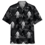 Front view of the bigfoot camo grey Hawaiian shirt showcasing its unique camouflage design.