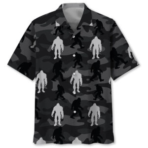 Front view of the bigfoot camo grey Hawaiian shirt showcasing its unique camouflage design.