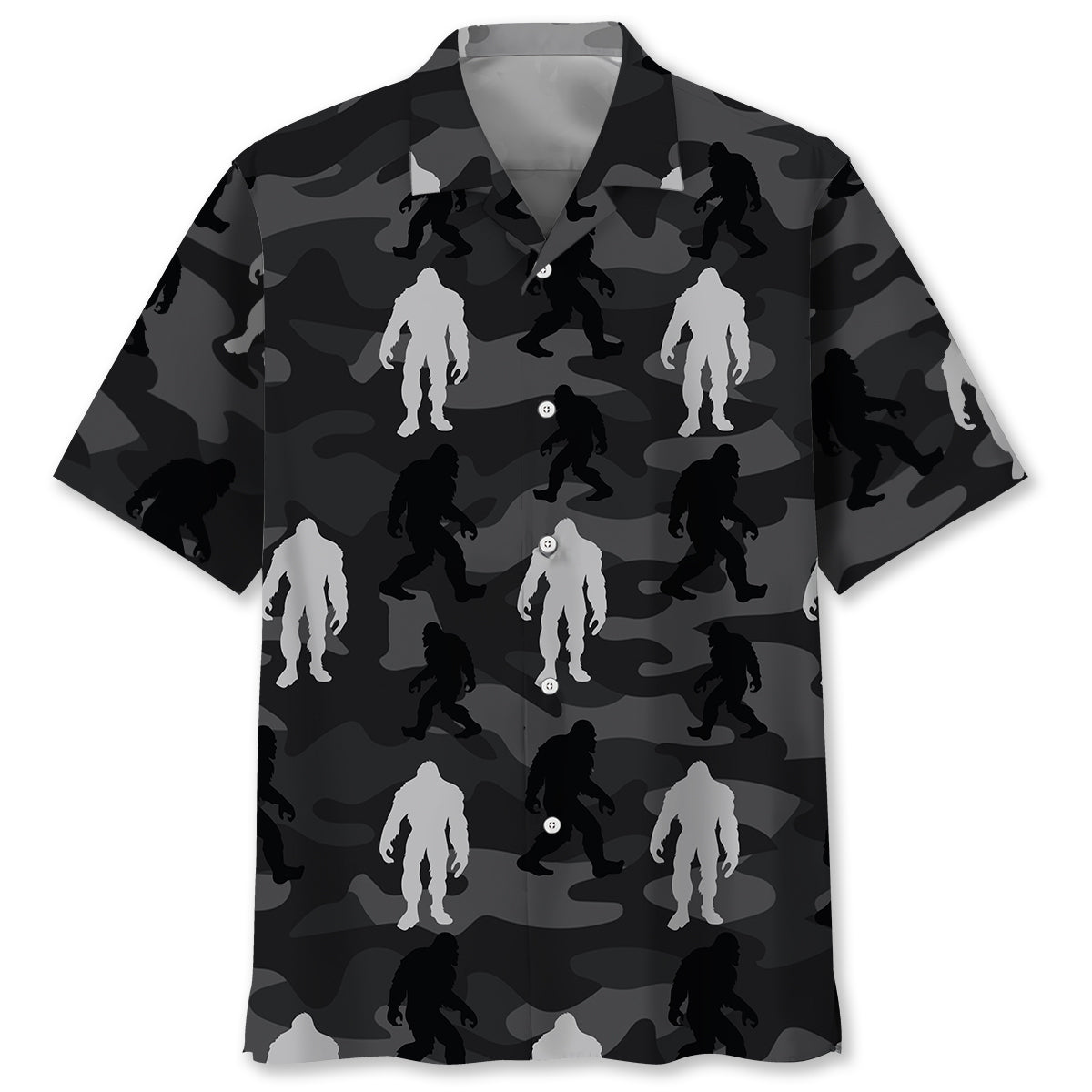 Bigfoot Camo Grey Hawaiian Shirt Front view of the bigfoot camo grey Hawaiian shirt showcasing its unique camouflage design.