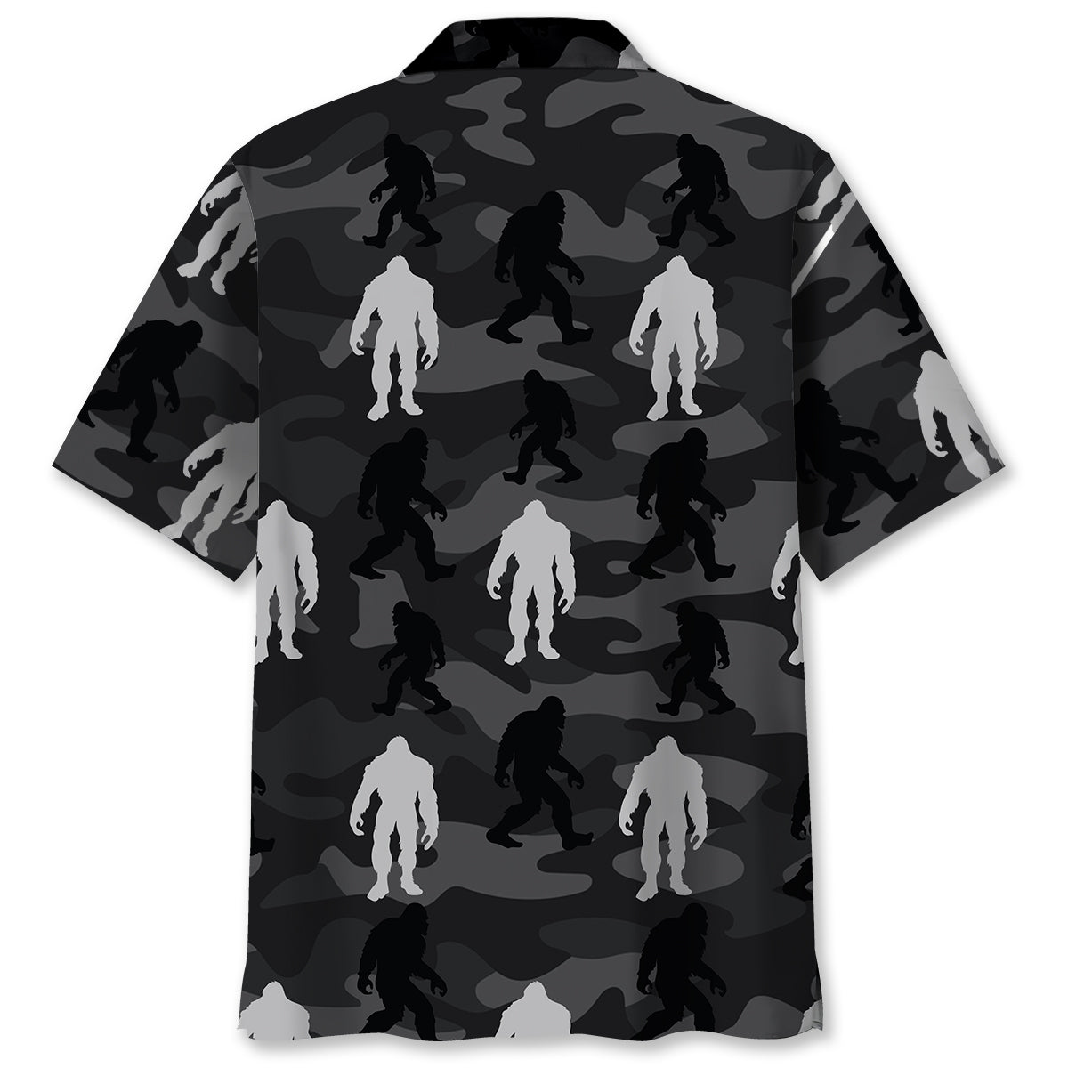 Bigfoot Camo Grey Hawaiian Shirt Back view of the bigfoot camo grey Hawaiian shirt highlighting the stylish silhouette pattern.