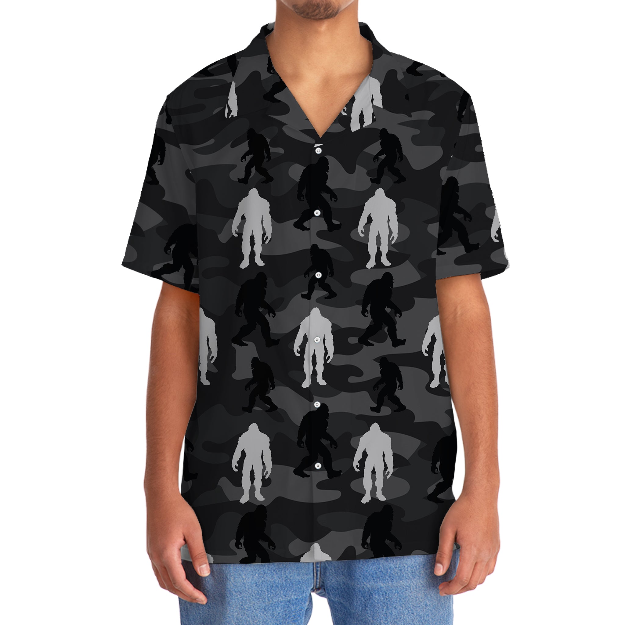 Bigfoot Camo Grey Hawaiian Shirt Side angle of the bigfoot camo grey Hawaiian shirt, emphasizing its relaxed fit and trendy design.