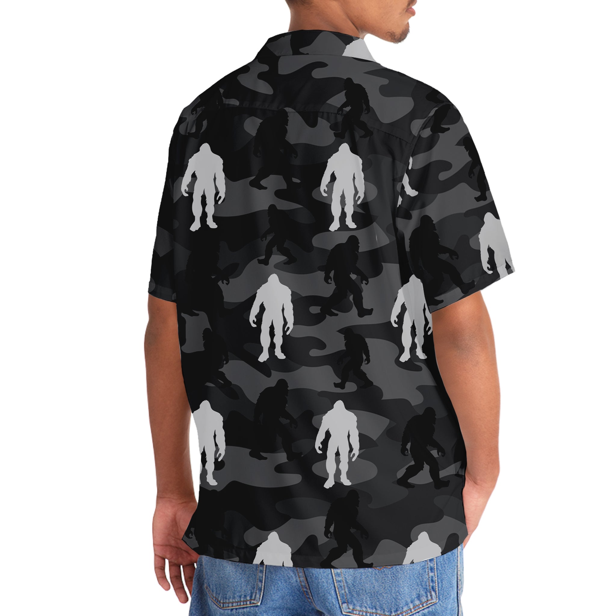 Bigfoot Camo Grey Hawaiian Shirt Flat lay of the bigfoot camo grey Hawaiian shirt with accessories, perfect for summer outings.