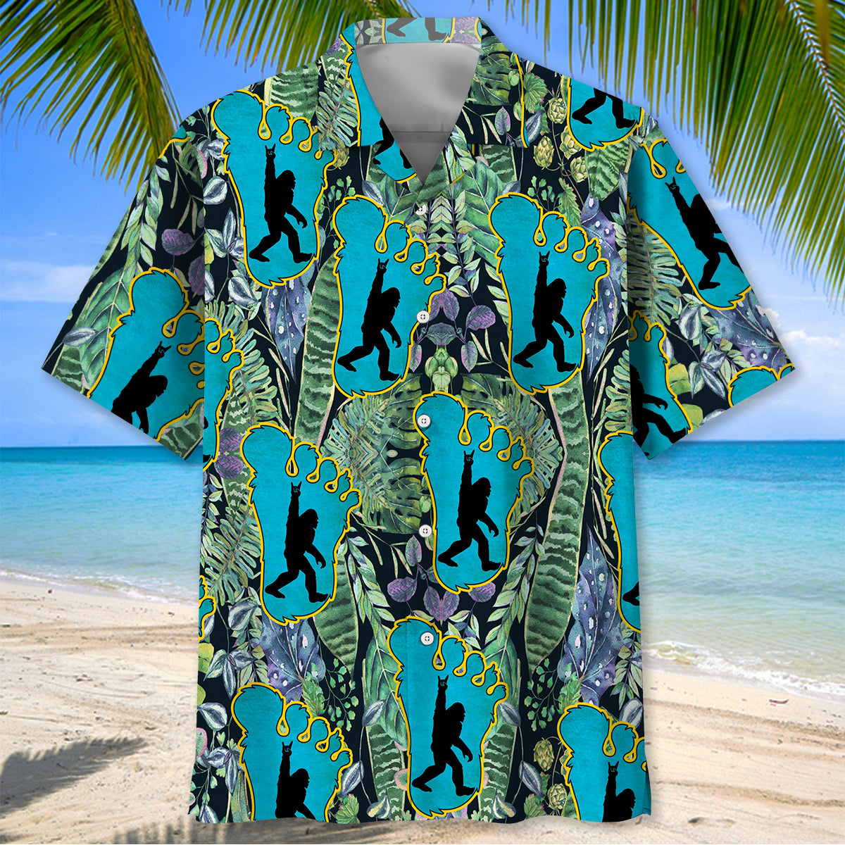 Bigfoot Footprint Hawaiian Shirt Back view showcasing the bold bigfoot footprint Hawaiian shirt with a tropical leaf pattern and lively colors.