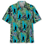 Front view of the Awesome Bigfoot Hawaiian shirt featuring a bigfoot footprint design in vibrant blue and green.