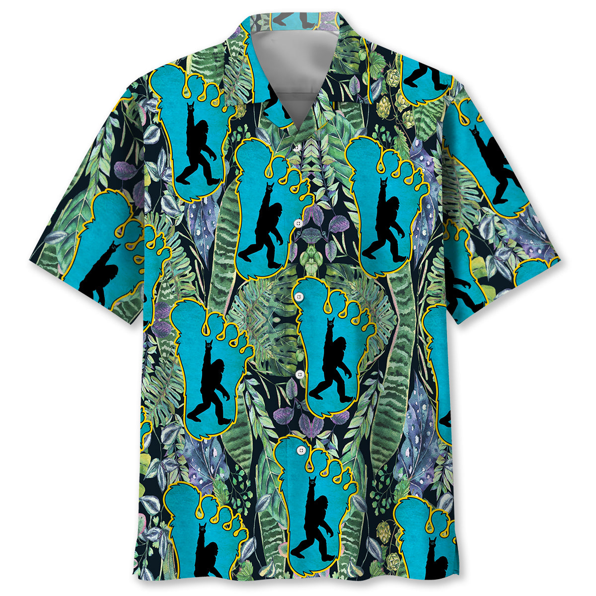Bigfoot Footprint Hawaiian Shirt Front view of the Awesome Bigfoot Hawaiian shirt featuring a bigfoot footprint design in vibrant blue and green.
