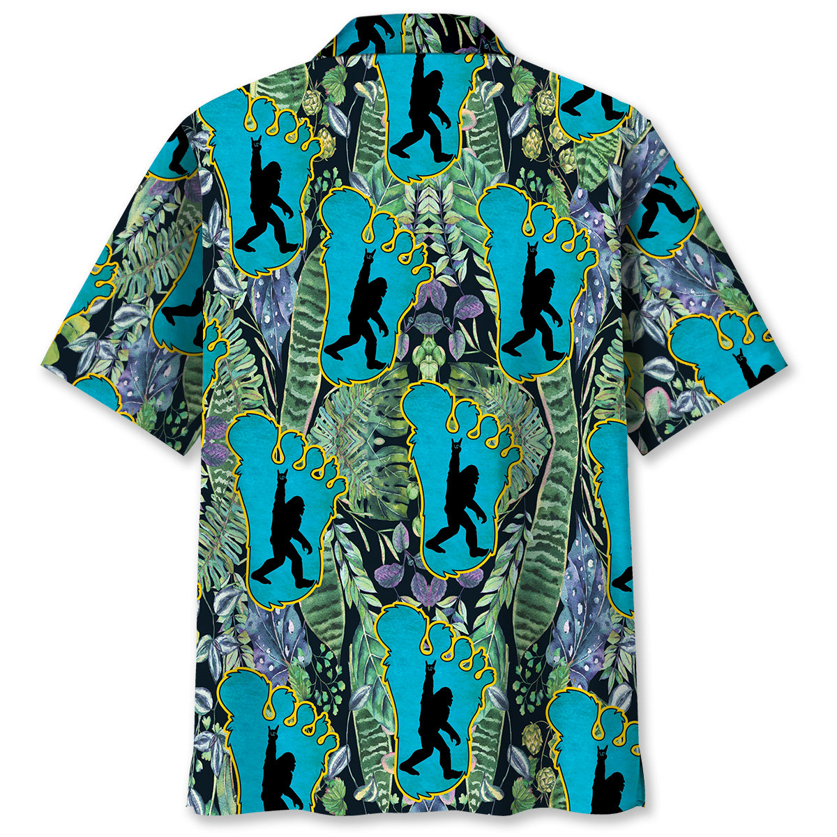 Bigfoot Footprint Hawaiian Shirt Lifestyle shot of a person wearing the bigfoot footprint Hawaiian shirt at the beach, surrounded by palm trees.