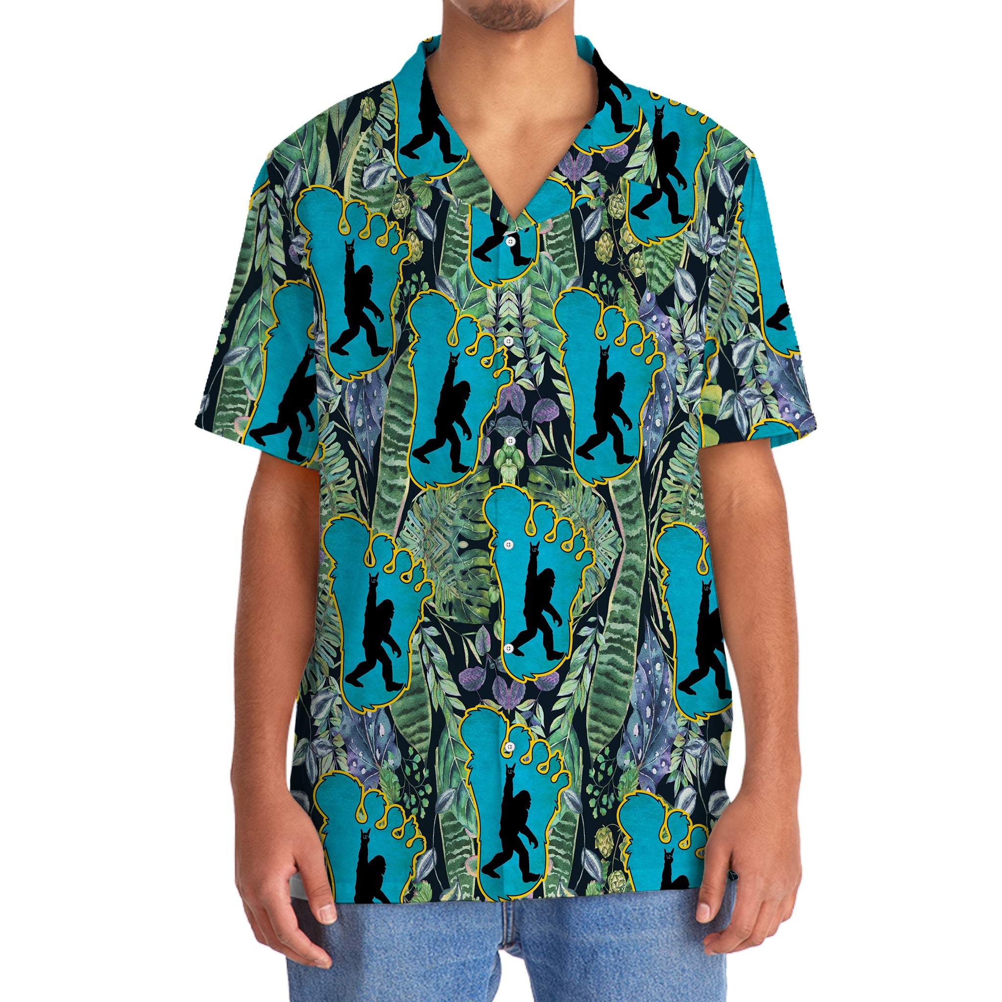 Bigfoot Footprint Hawaiian Shirt Side angle of the Awesome Bigfoot Hawaiian shirt displaying the intricate print of bigfoot footprints and foliage.