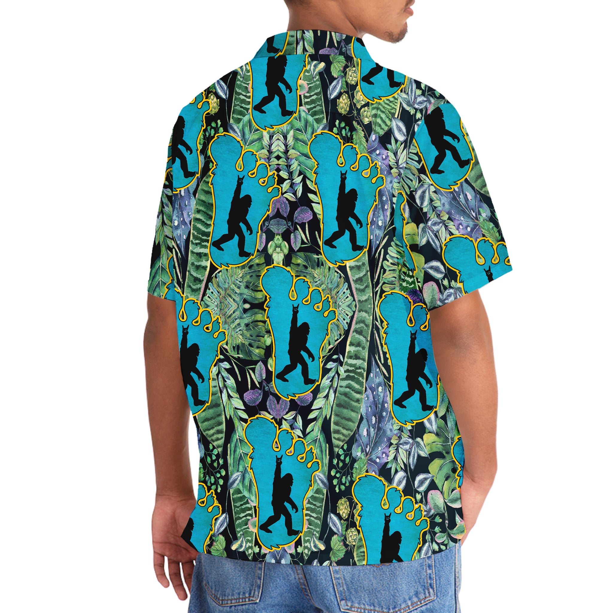 Bigfoot Footprint Hawaiian Shirt Flat lay of the bigfoot footprint Hawaiian shirt with accessories, emphasizing its fun design and tropical vibes.