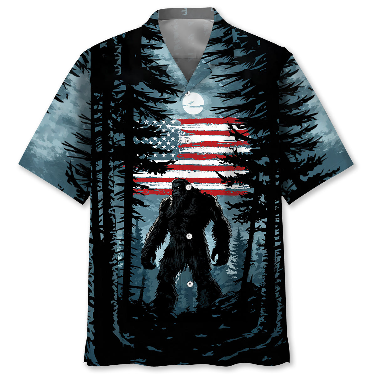 USA Bigfoot Forest Hawaiian Shirt Front view of the USA Bigfoot Forest Hawaiian Shirt featuring a bold Bigfoot design and American flag colors.