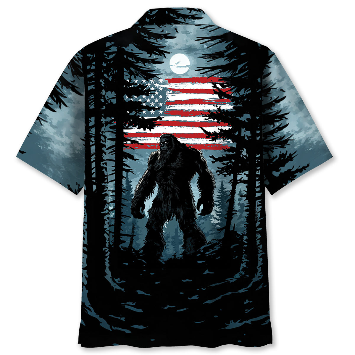 USA Bigfoot Forest Hawaiian Shirt Back view of the USA Bigfoot Forest Hawaiian Shirt showcasing its vibrant forest print and striking color palette.