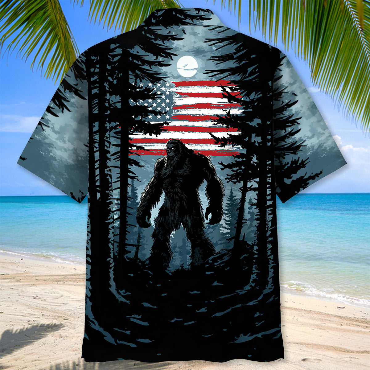 USA Bigfoot Forest Hawaiian Shirt Lifestyle shot of a person wearing the USA Bigfoot Forest Hawaiian Shirt in a wooded area, embodying adventure and style.