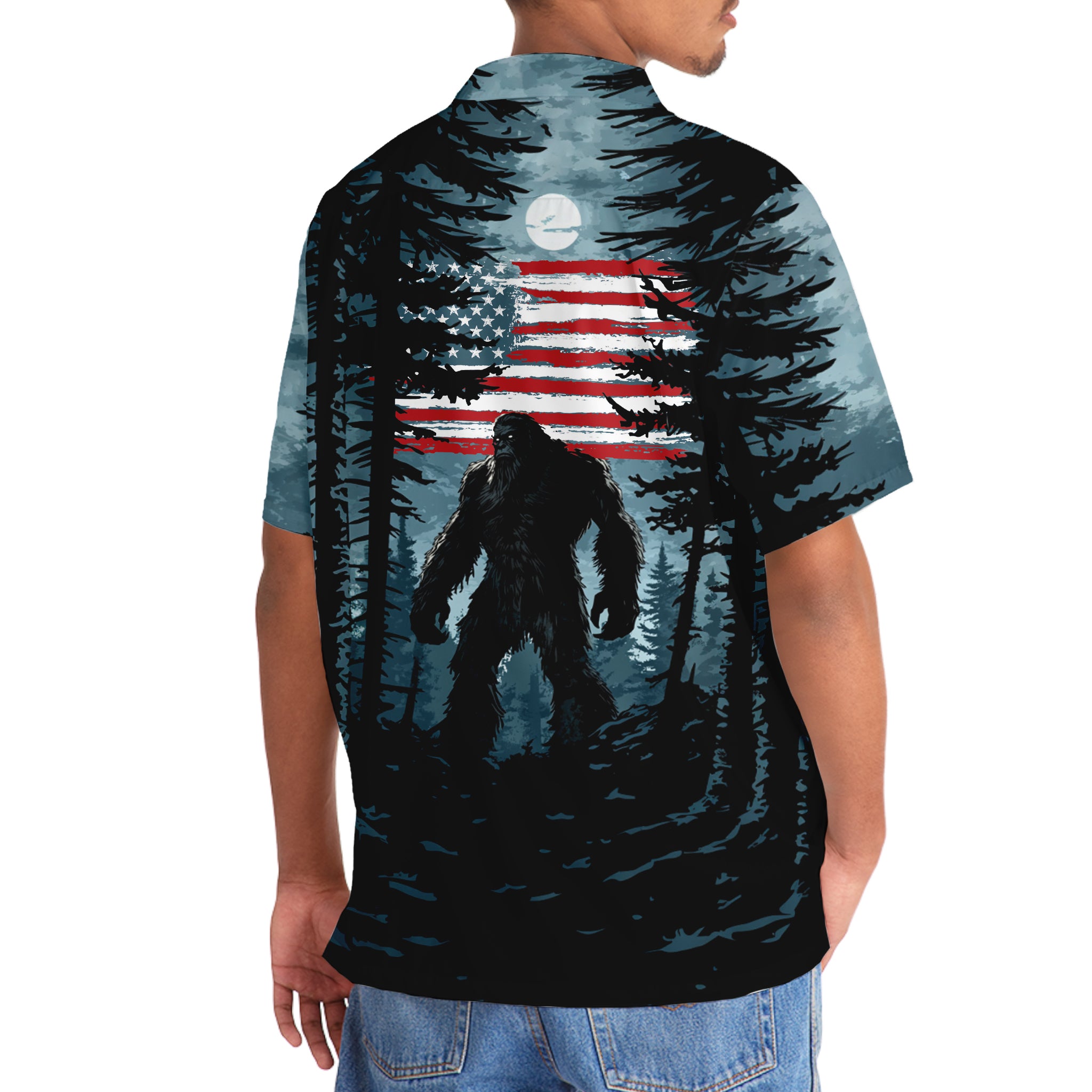 USA Bigfoot Forest Hawaiian Shirt Flat lay of the USA Bigfoot Forest Hawaiian Shirt with accessories, perfect for summer outings and casual events.