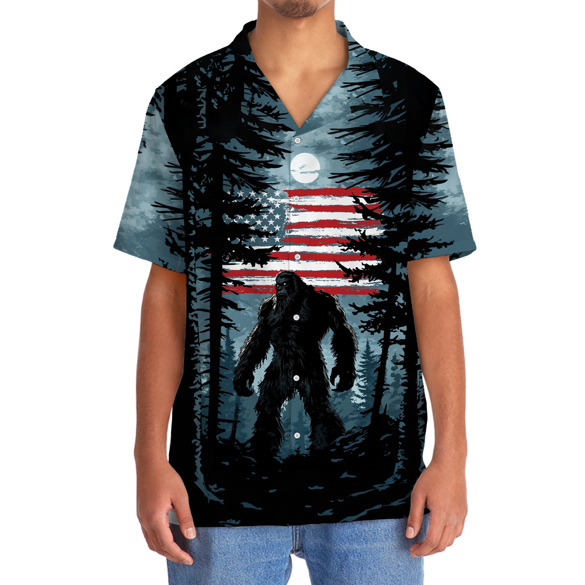 USA Bigfoot Forest Hawaiian Shirt Side angle of the USA Bigfoot Forest Hawaiian Shirt, emphasizing its relaxed fit and eye-catching Bigfoot graphic.