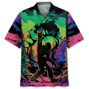 Front view of the bigfoot footprint forest Hawaiian shirt featuring vibrant colors and a bold Bigfoot design.
