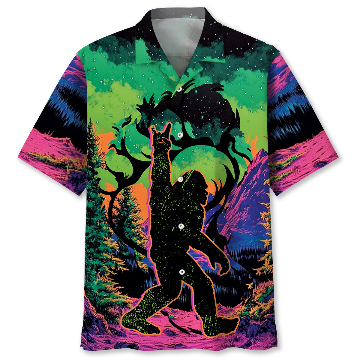 Bigfoot Footprint Forest Hawaiian Shirt Front view of the bigfoot footprint forest Hawaiian shirt featuring vibrant colors and a bold Bigfoot design.
