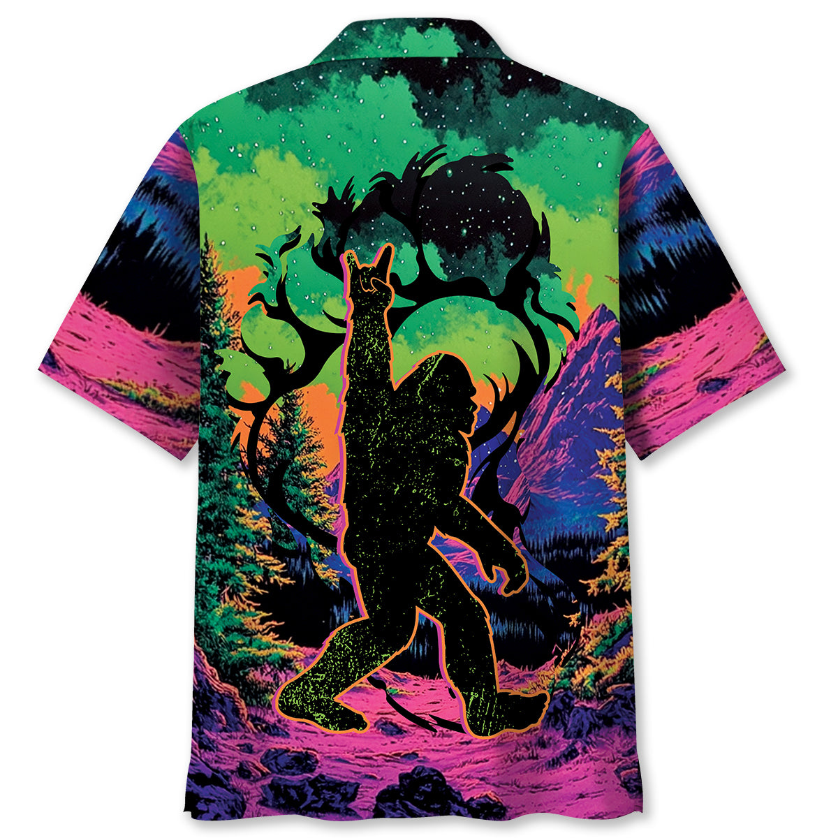 Bigfoot Footprint Forest Hawaiian Shirt Back view showcasing the intricate forest details on the bigfoot footprint forest Hawaiian shirt in vivid hues.
