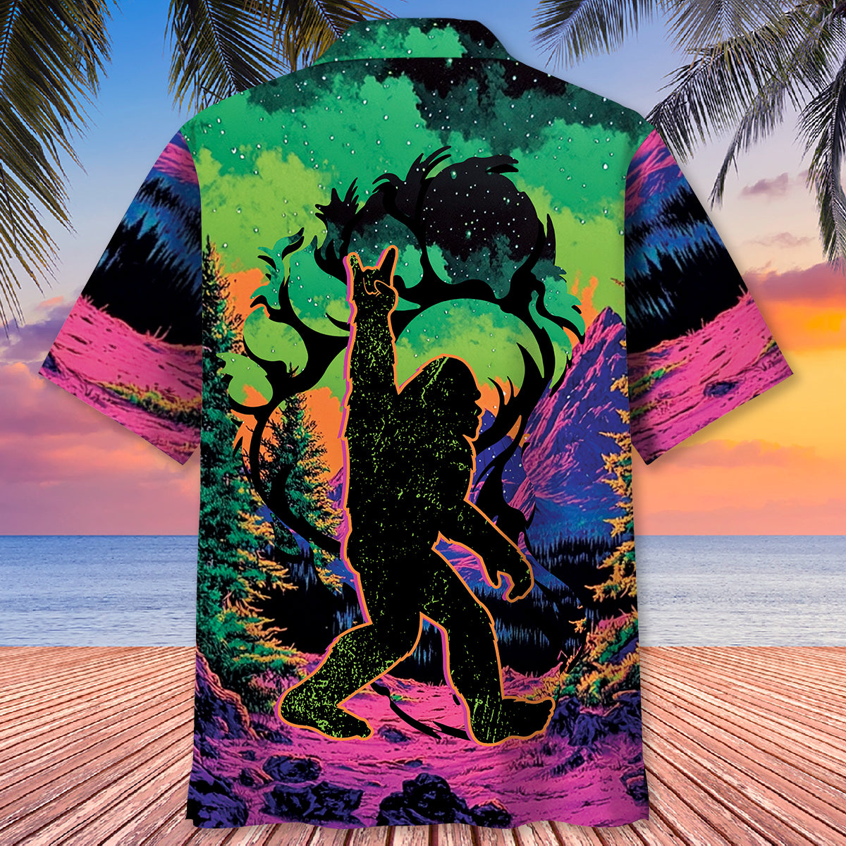 Bigfoot Footprint Forest Hawaiian Shirt Lifestyle shot of a model wearing the bigfoot footprint forest Hawaiian shirt against a scenic outdoor backdrop.