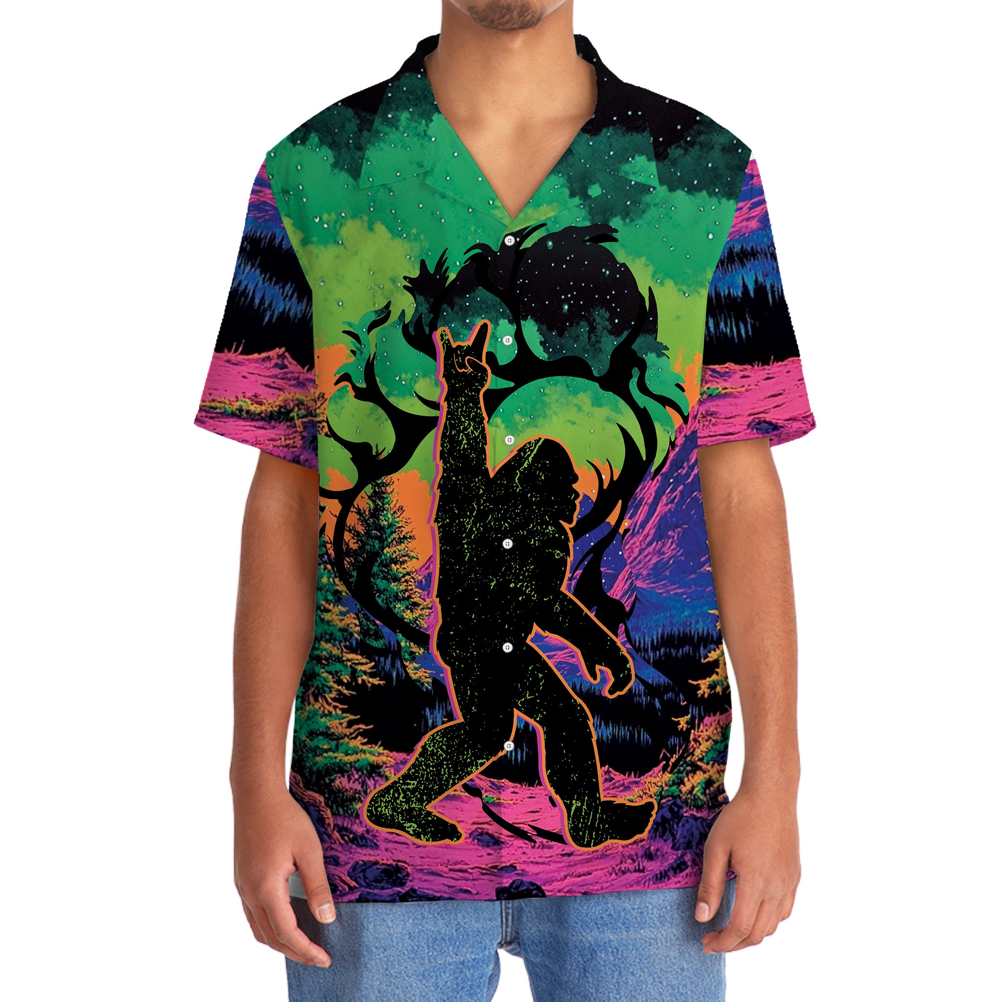 Bigfoot Footprint Forest Hawaiian Shirt Side view of the bigfoot footprint forest Hawaiian shirt, emphasizing its unique design and relaxed fit.