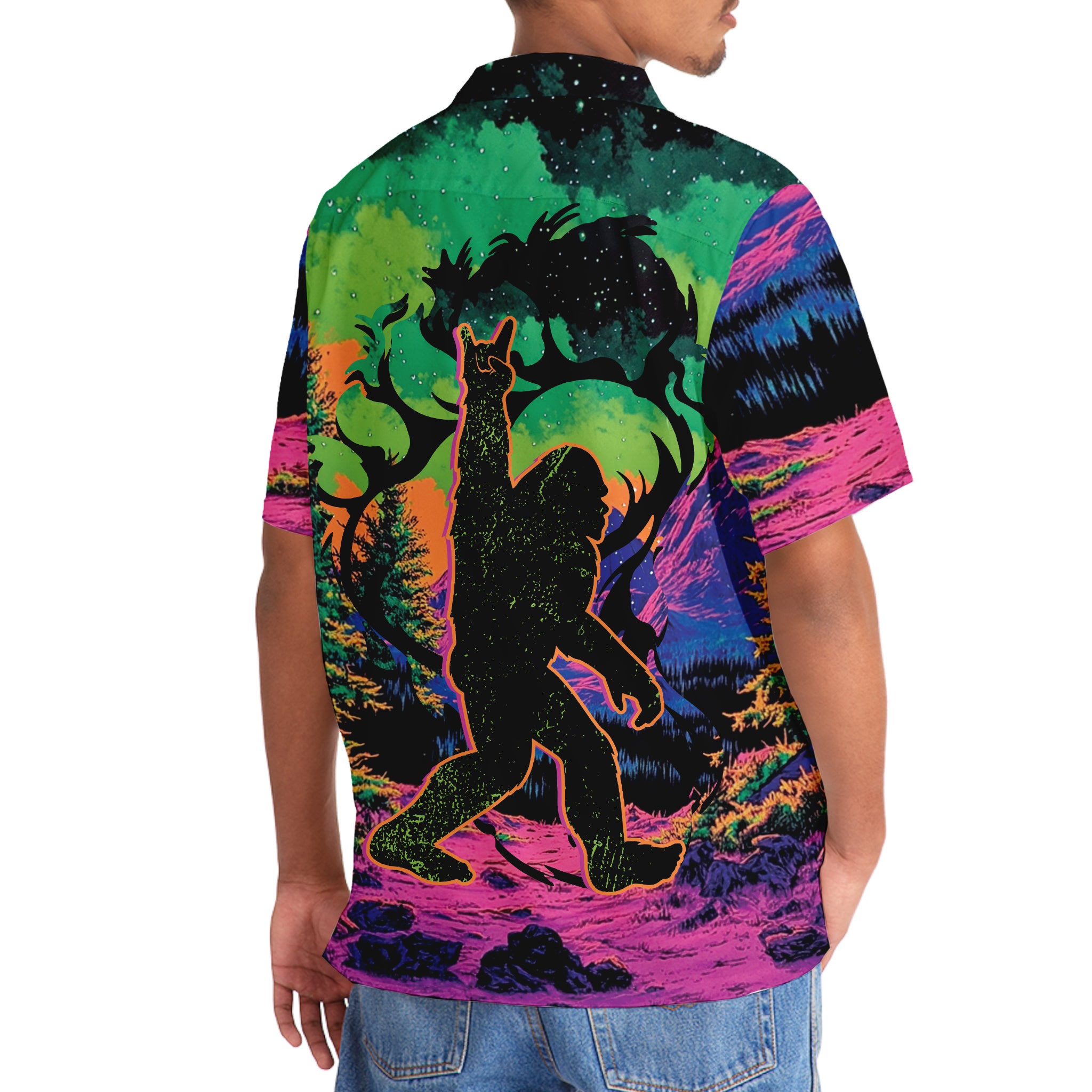 Bigfoot Footprint Forest Hawaiian Shirt Flat lay arrangement of the bigfoot footprint forest Hawaiian shirt with tropical accessories, showcasing its vibrant colors.