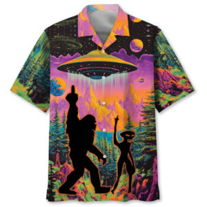 Front view of the bigfoot alien spaceship Hawaiian shirt featuring vibrant colors and a unique design.