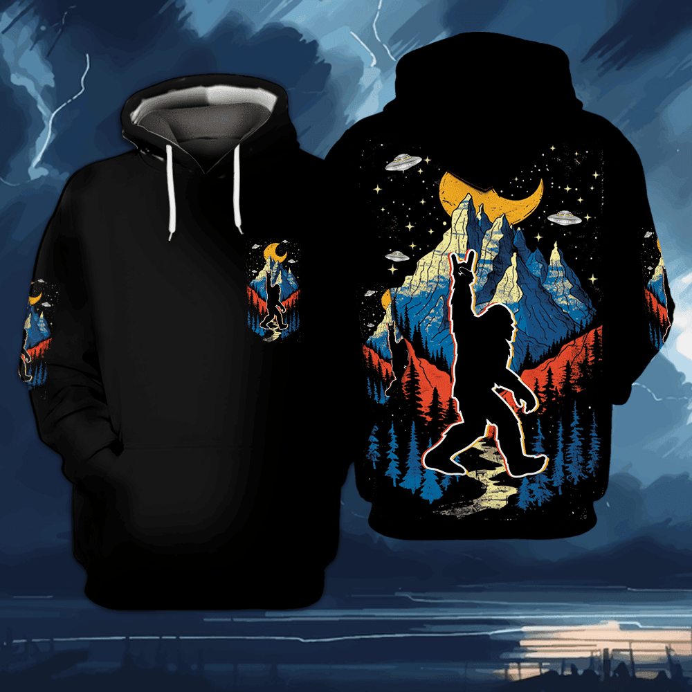 Bigfoot Mountain Night Hawaiian Shirt Side view of the Bigfoot Mountain Night Hawaiian Shirt emphasizing the unique print and vibrant colors.