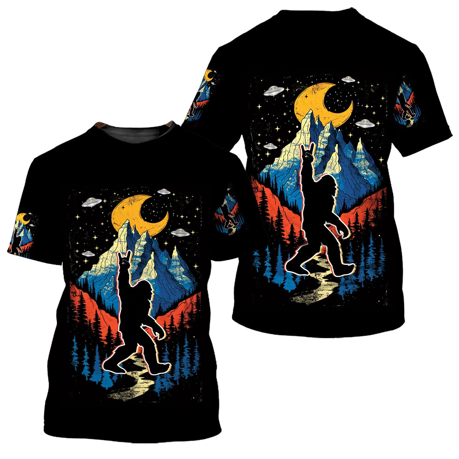 Bigfoot Mountain Night Hawaiian Shirt Back view of the Bigfoot Mountain Night Hawaiian Shirt highlighting the colorful Bigfoot silhouette.