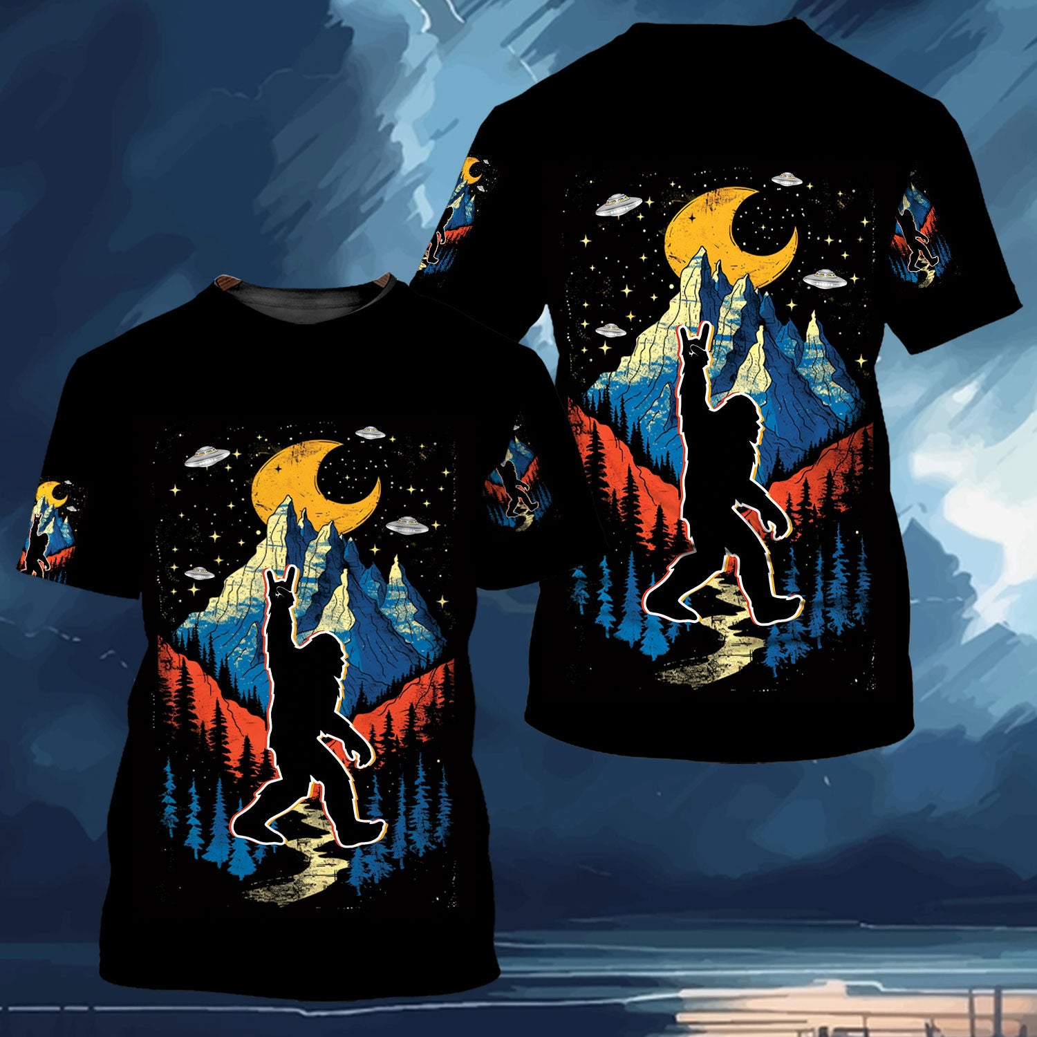 Bigfoot Mountain Night Hawaiian Shirt Outdoor shot of the Bigfoot Mountain Night Hawaiian Shirt worn during a camping trip at night.