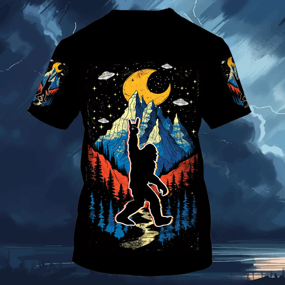 Bigfoot Mountain Night Hawaiian Shirt Front pocket detail of the Bigfoot Mountain Night Hawaiian Shirt showcasing the playful design.
