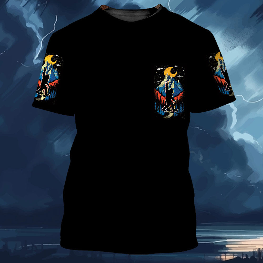 Bigfoot Mountain Night Hawaiian Shirt Model posing in the Bigfoot Mountain Night Hawaiian Shirt against a scenic mountain backdrop.