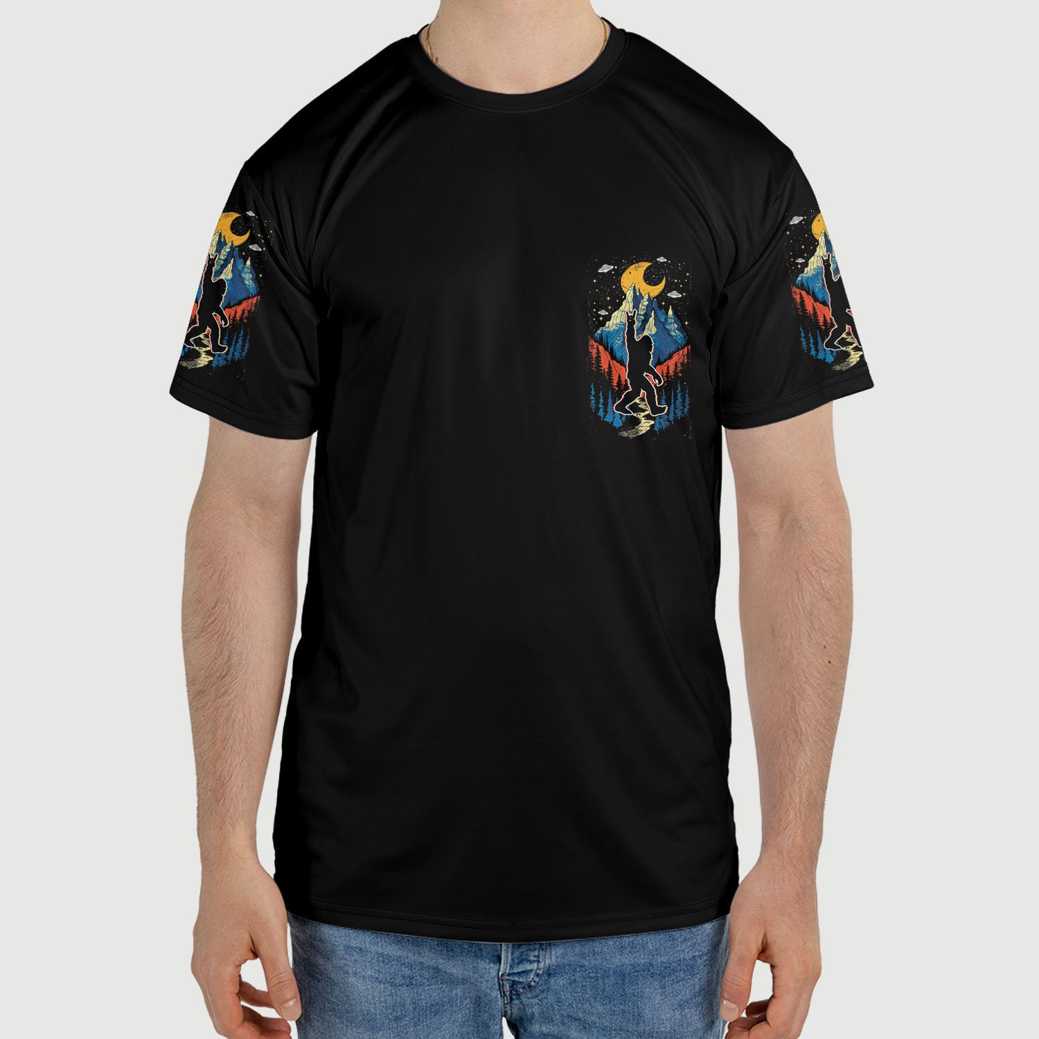 Bigfoot Mountain Night Hawaiian Shirt Artistic angle of the Bigfoot Mountain Night Hawaiian Shirt featuring an overhead view of the print.