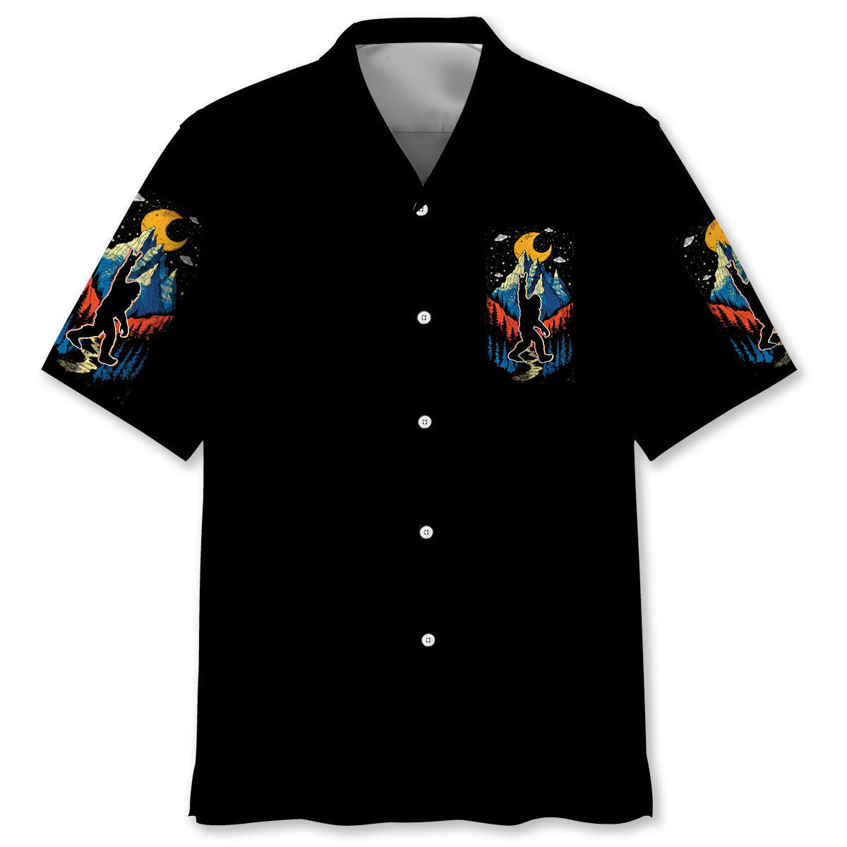 Bigfoot Mountain Night Hawaiian Shirt Lifestyle image of friends wearing the Bigfoot Mountain Night Hawaiian Shirt at a summer festival.