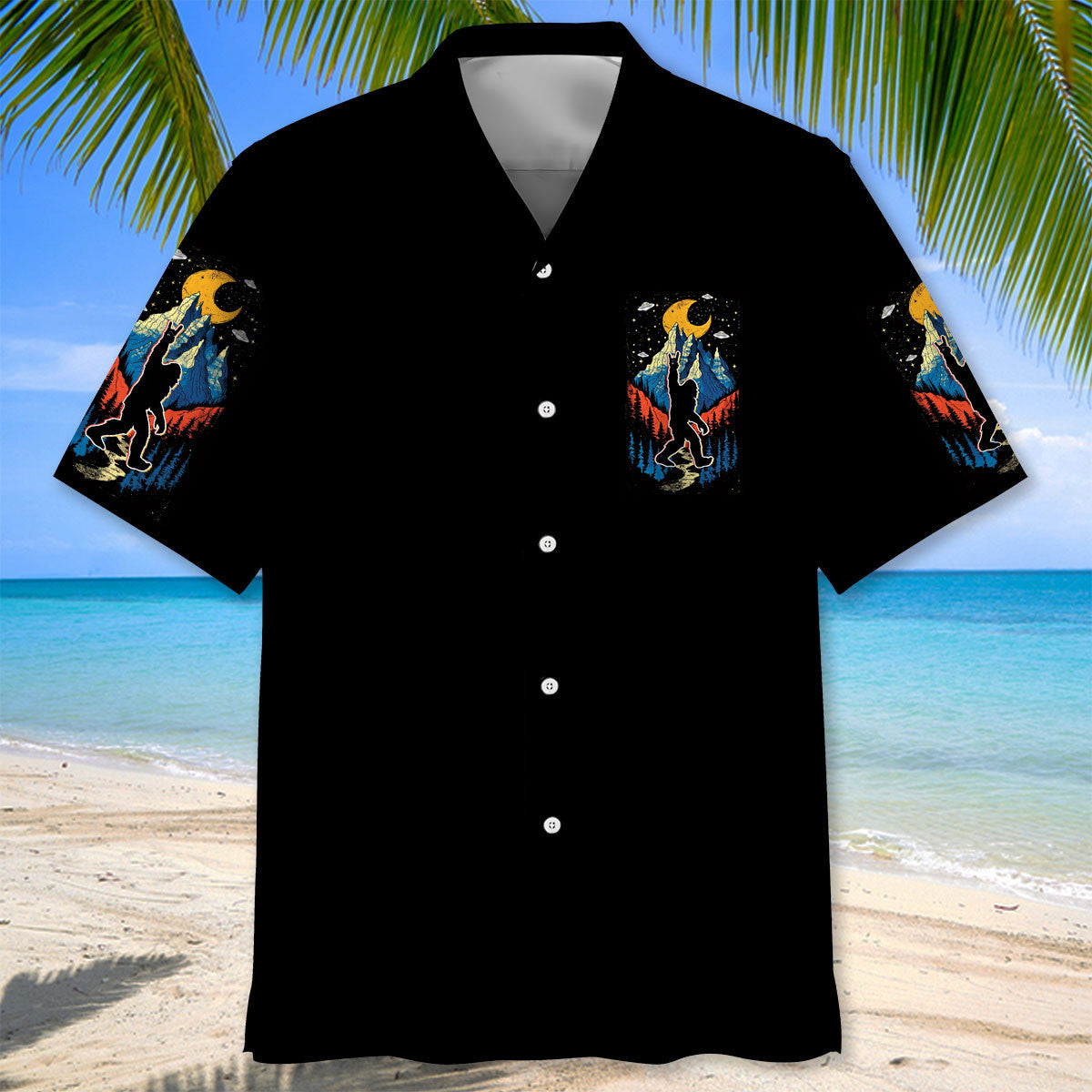 Bigfoot Mountain Night Hawaiian Shirt Back view photo of the Bigfoot Mountain Night Hawaiian Shirt with focus on the colorful graphic art.