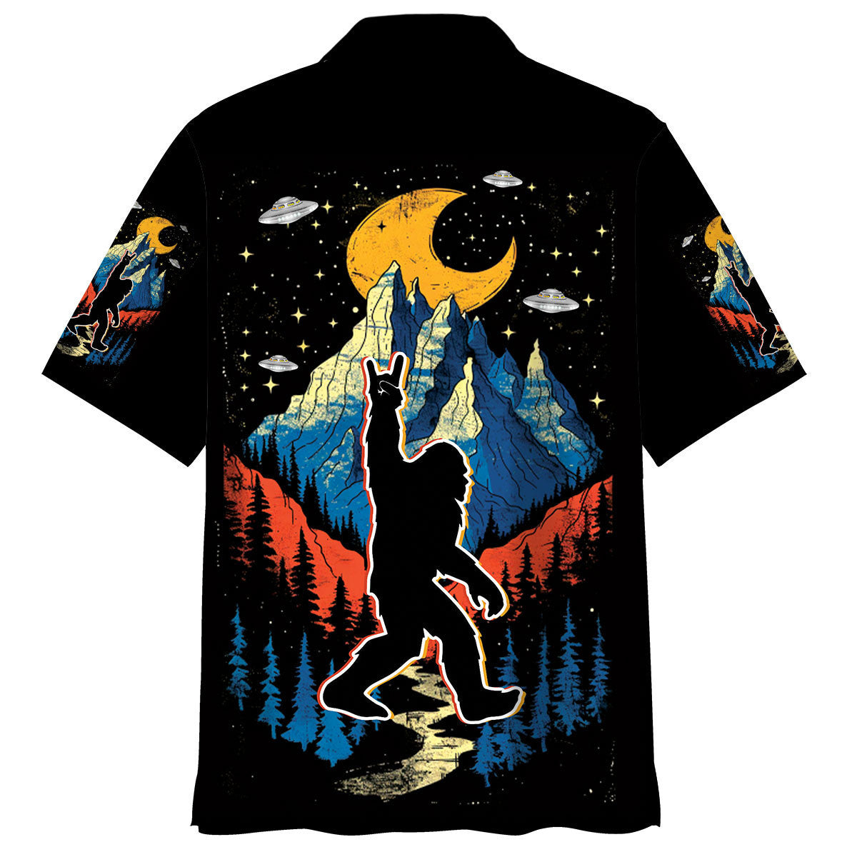 Bigfoot Mountain Night Hawaiian Shirt Lifestyle image of a person wearing the Bigfoot Mountain Night Hawaiian Shirt outdoors in nature.
