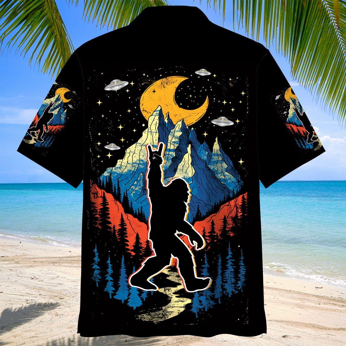 Bigfoot Mountain Night Hawaiian Shirt Detail view of the collar and buttons on the Bigfoot Mountain Night Hawaiian Shirt.