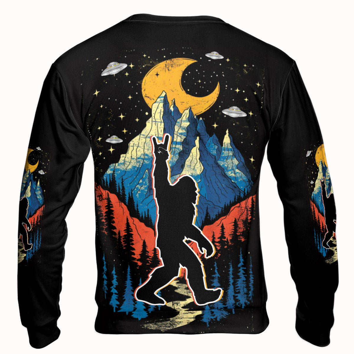 Bigfoot Mountain Night Hawaiian Shirt Close-up of the sleeve design on the Bigfoot Mountain Night Hawaiian Shirt featuring stars and mountains.