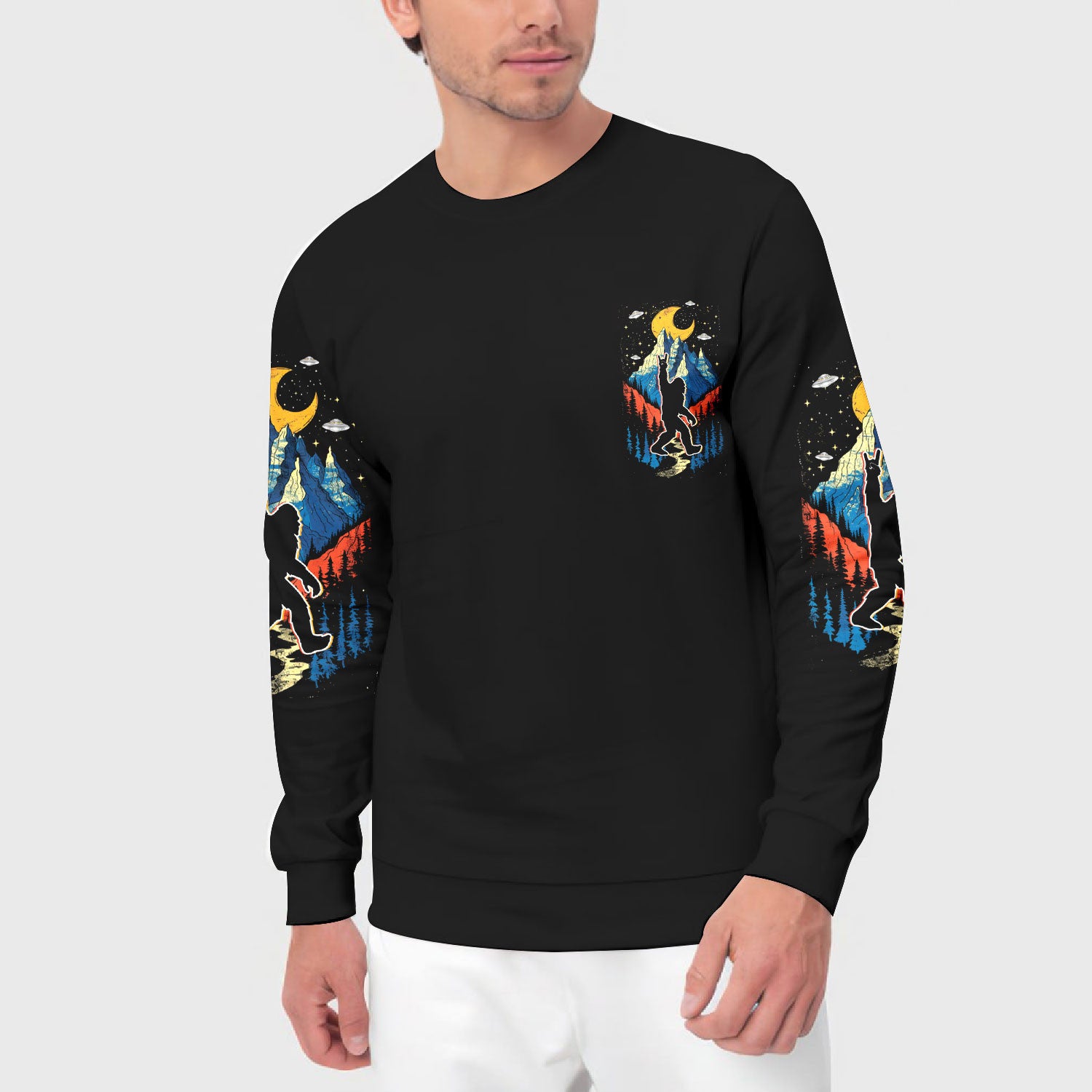 Bigfoot Mountain Night Hawaiian Shirt Flat lay arrangement of the Bigfoot Mountain Night Hawaiian Shirt with accessories for summer outfits.