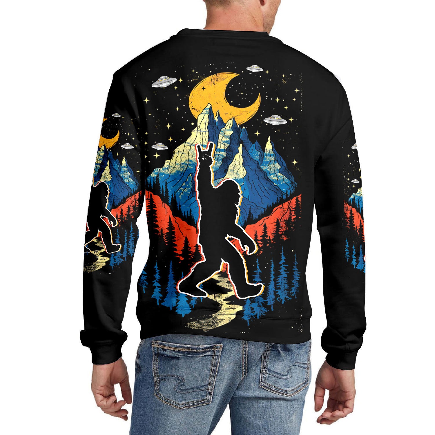 Bigfoot Mountain Night Hawaiian Shirt Model enjoying a sunset while wearing the Bigfoot Mountain Night Hawaiian Shirt, capturing summer vibes.