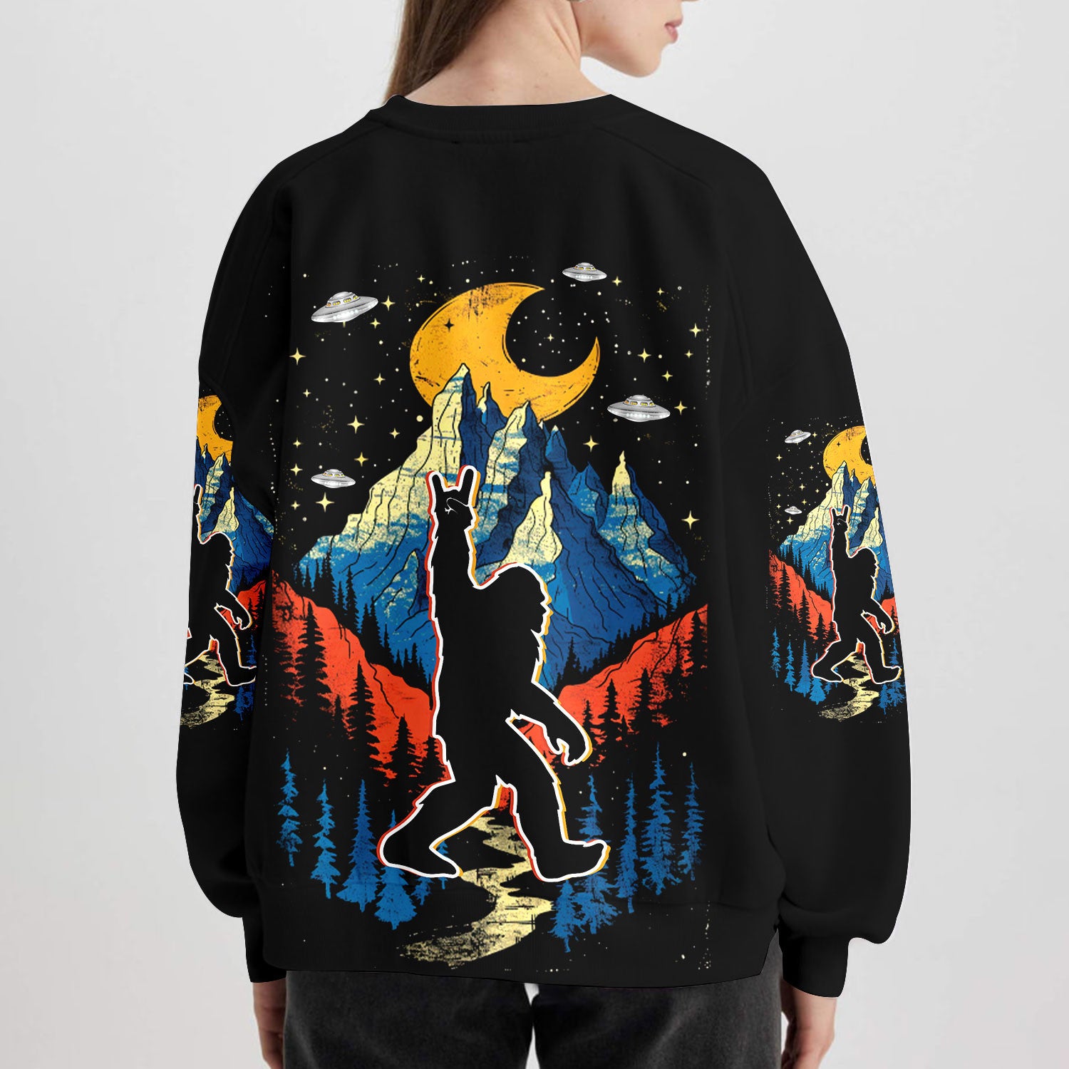 Bigfoot Mountain Night Hawaiian Shirt Dynamic shot of the Bigfoot Mountain Night Hawaiian Shirt being worn during an outdoor adventure.