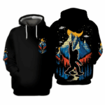 Front view of the Bigfoot Mountain Night Hawaiian Shirt showcasing vibrant mountain graphics.