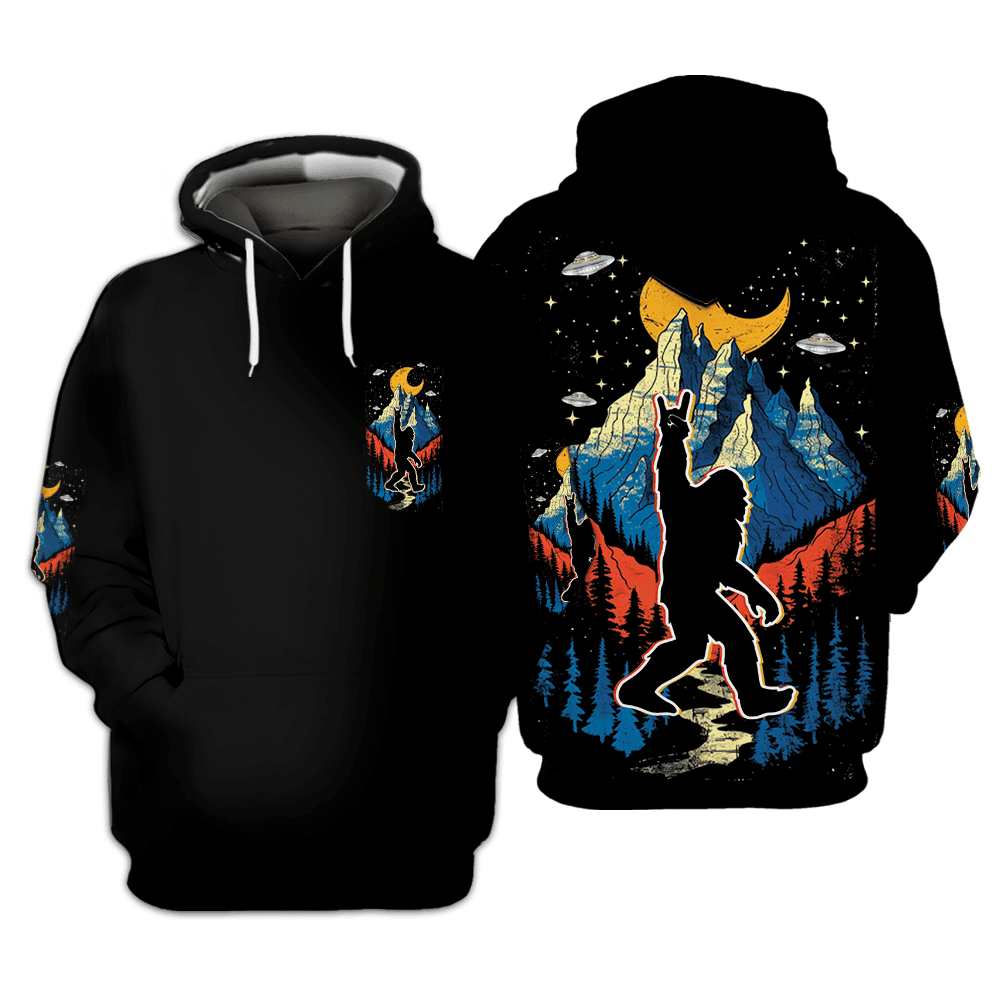 Bigfoot Mountain Night Hawaiian Shirt Front view of the Bigfoot Mountain Night Hawaiian Shirt showcasing vibrant mountain graphics.