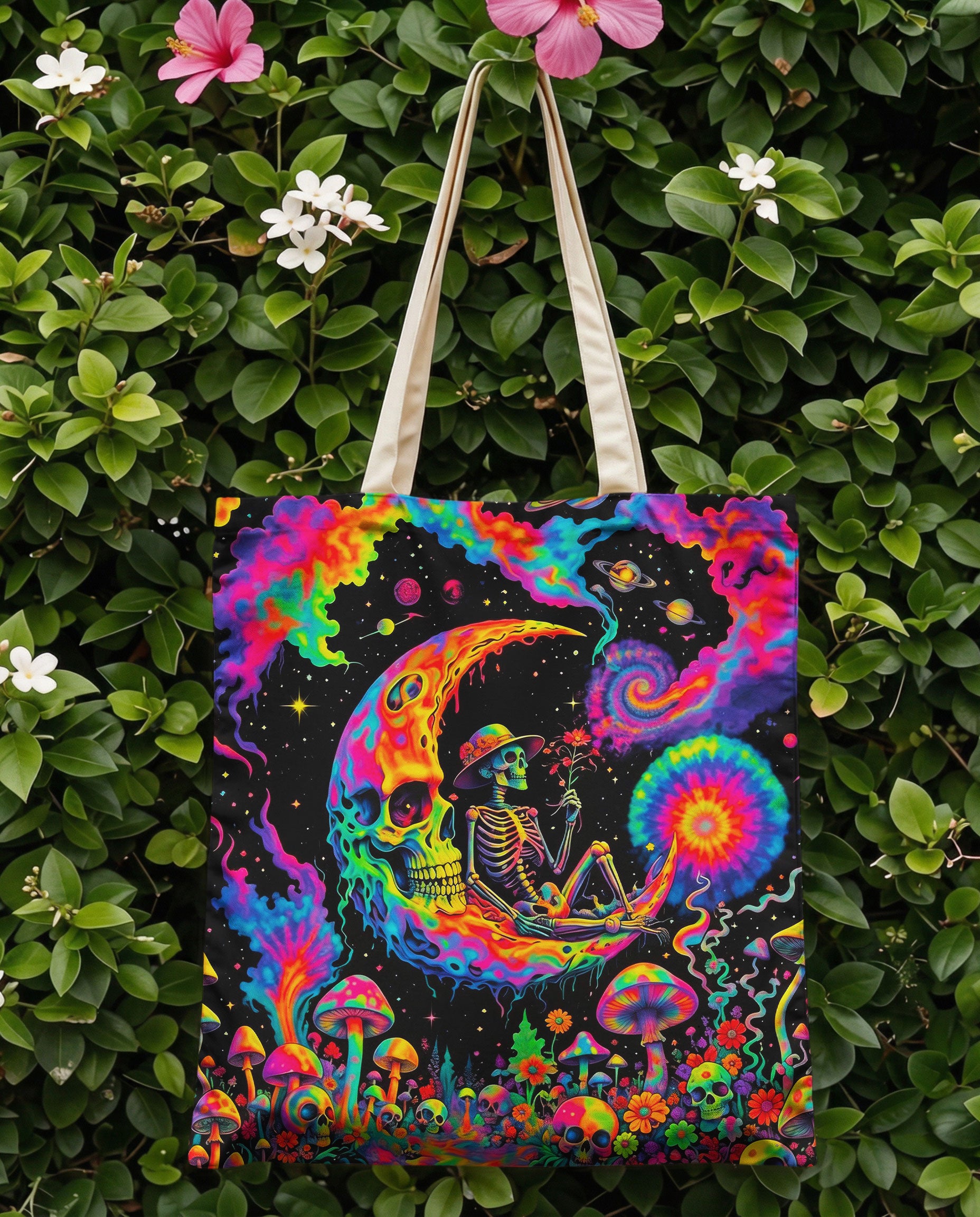 Hippie Skull Psychedelic Tote Bag Close-up of the hippie skull psychedelic tote bag, featuring vivid patterns of mushrooms and flowers in bold colors.