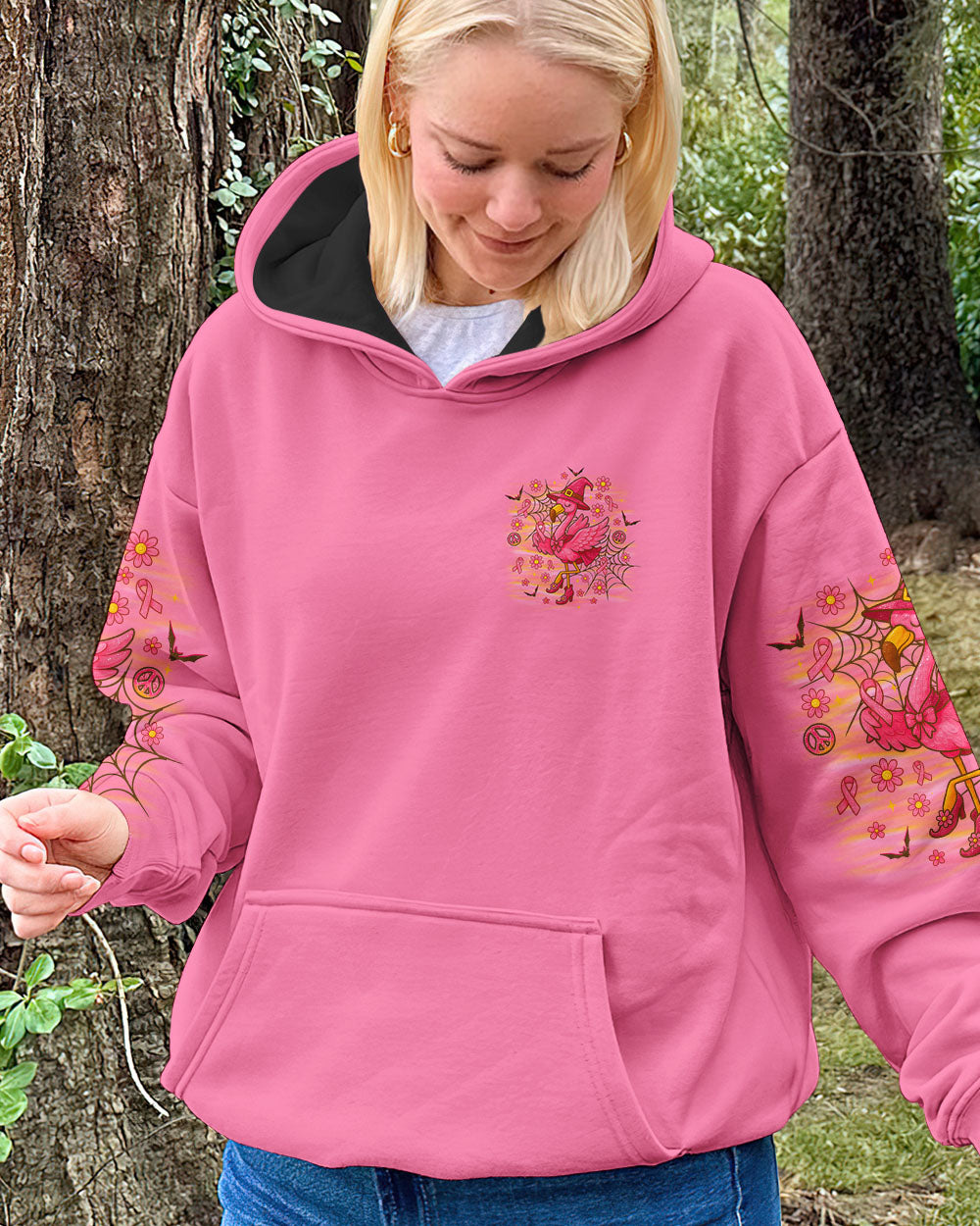 Pink Flamingo Witch Shirt | All Over Print Clothes Side view of the pink flamingo witch shirt, showcasing the unique cut and vibrant graphics.