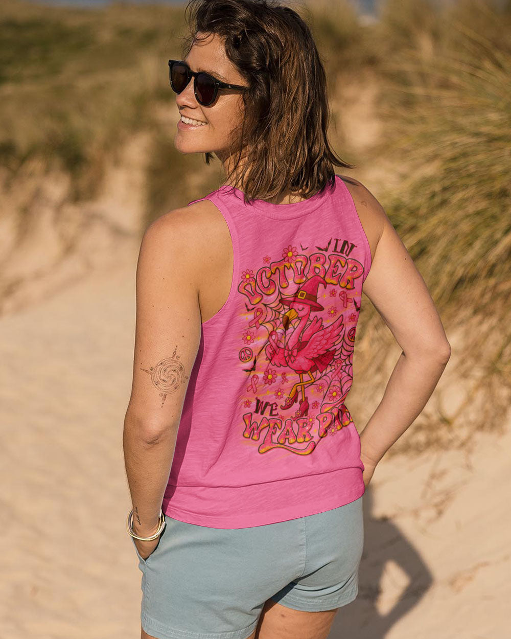 Pink Flamingo Witch Shirt | All Over Print Clothes Detail of the pink flamingo witch shirt’s neckline, showcasing its comfortable fit and fun design.