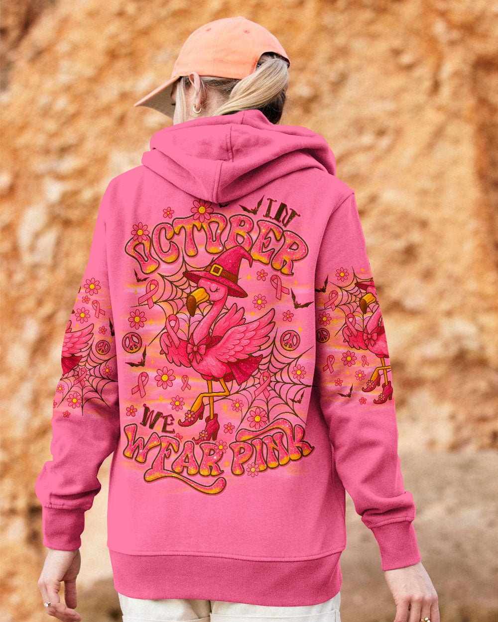 Pink Flamingo Witch Shirt | All Over Print Clothes Casual look of the pink flamingo witch shirt styled with jeans, perfect for a festive fall outing.